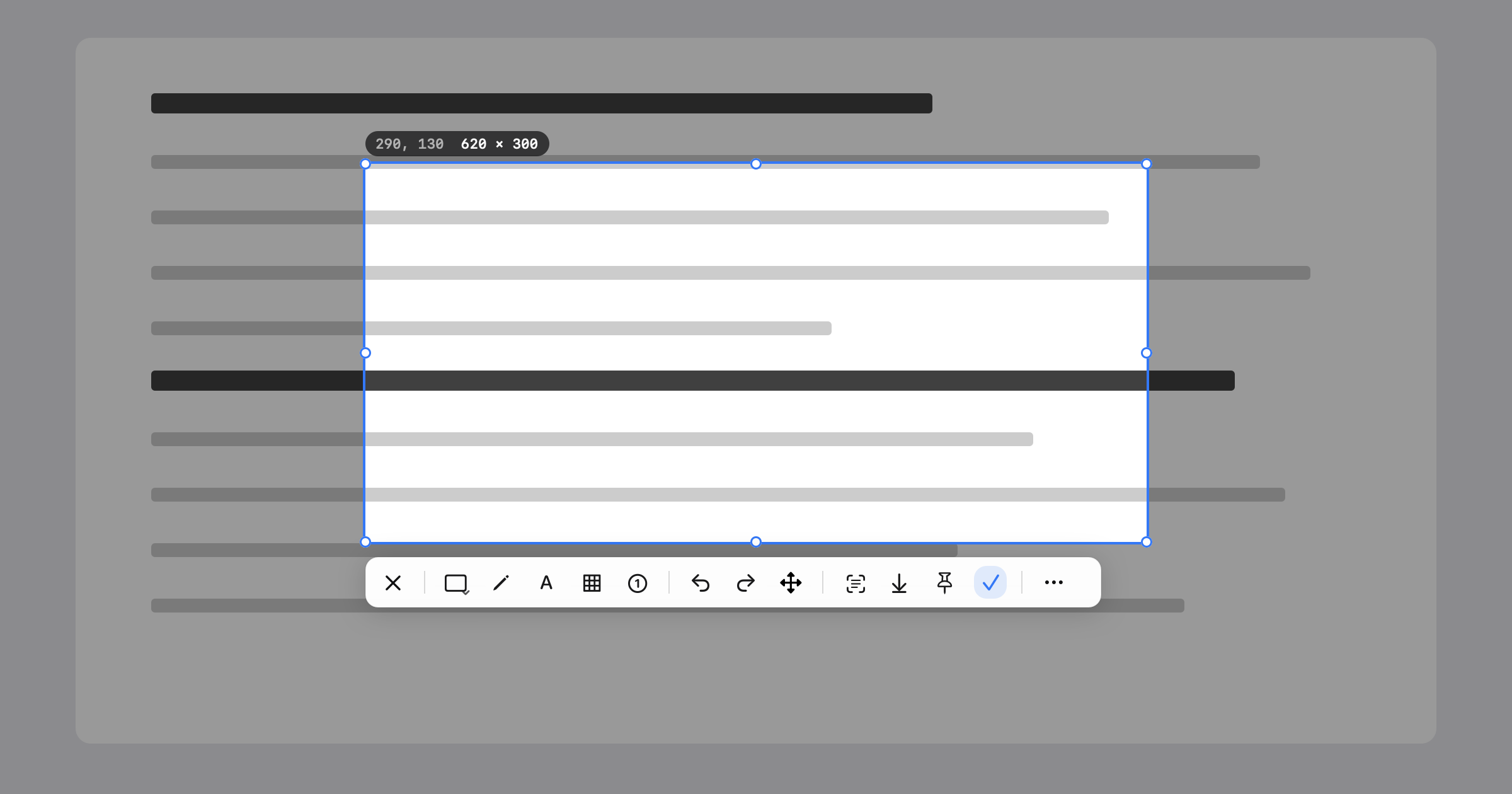 Clip capture overlay: a blue selection frame with round handles, a size label, and one toolbar underneath