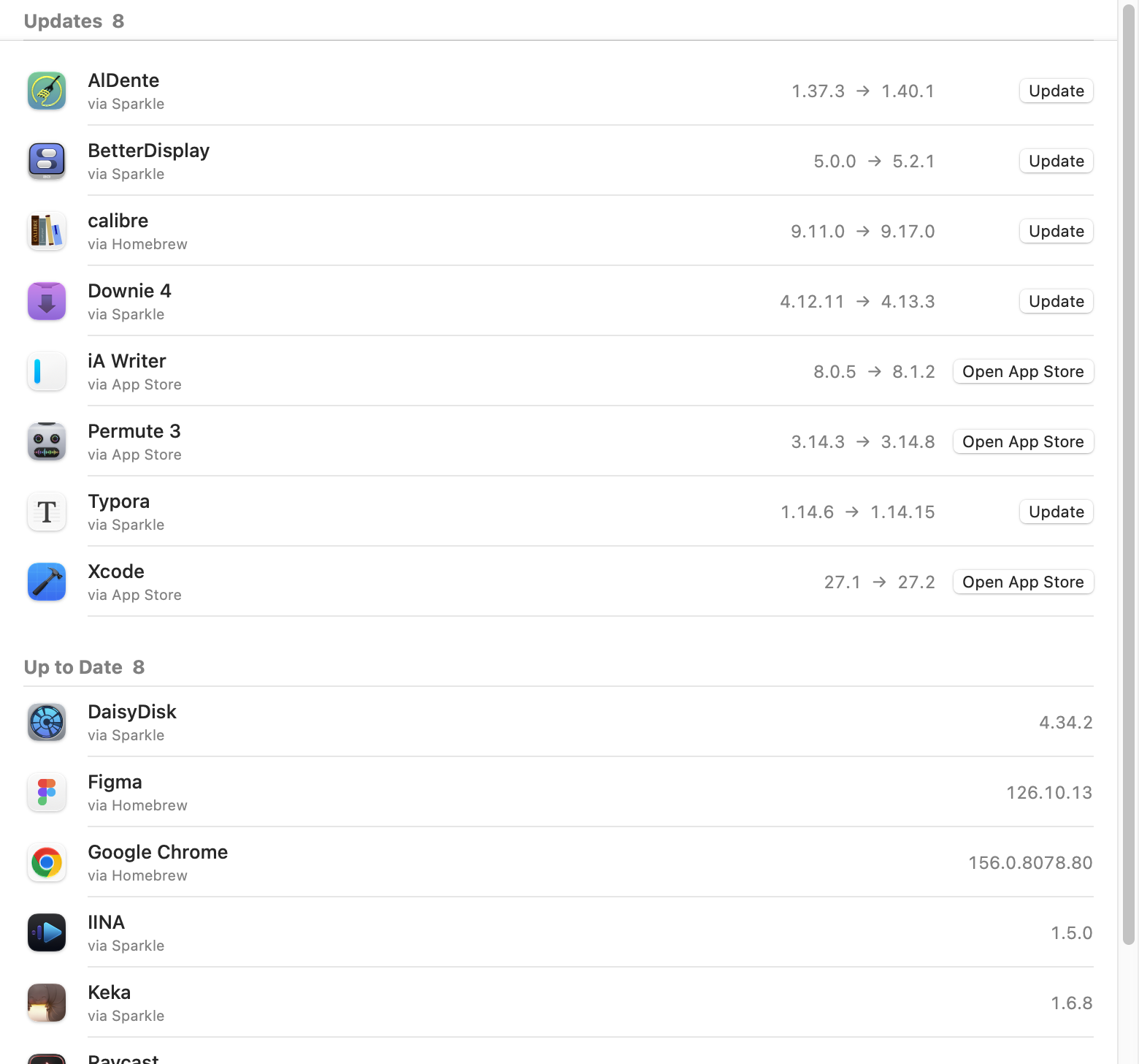 Uptick window listing apps with updates, each with installed and latest version and an Update or Open App Store button, followed by apps that are up to date